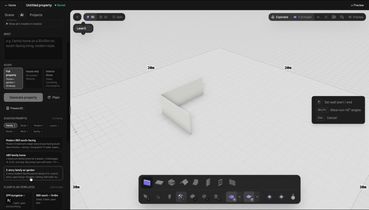 Brief textarea + scope picker + family-style starter prompts on a 30×30m grid