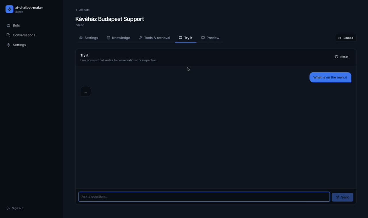 Try-it tab with chatbot mid-question 'What is on the menu?'