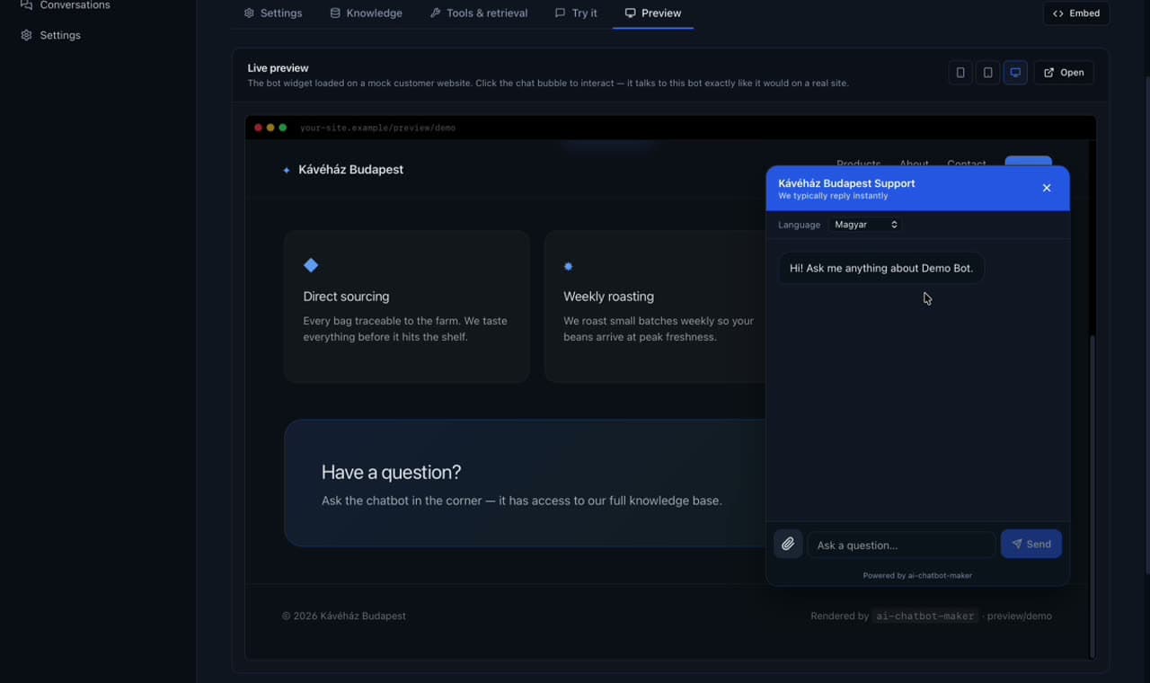 Live preview of chatbot widget on a mock customer site (Kávéház Budapest)