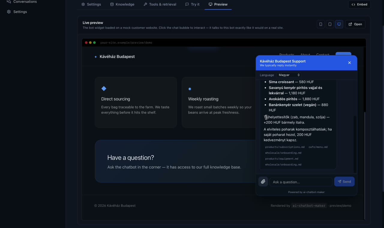 Chatbot answering a menu question with retrieval source citations