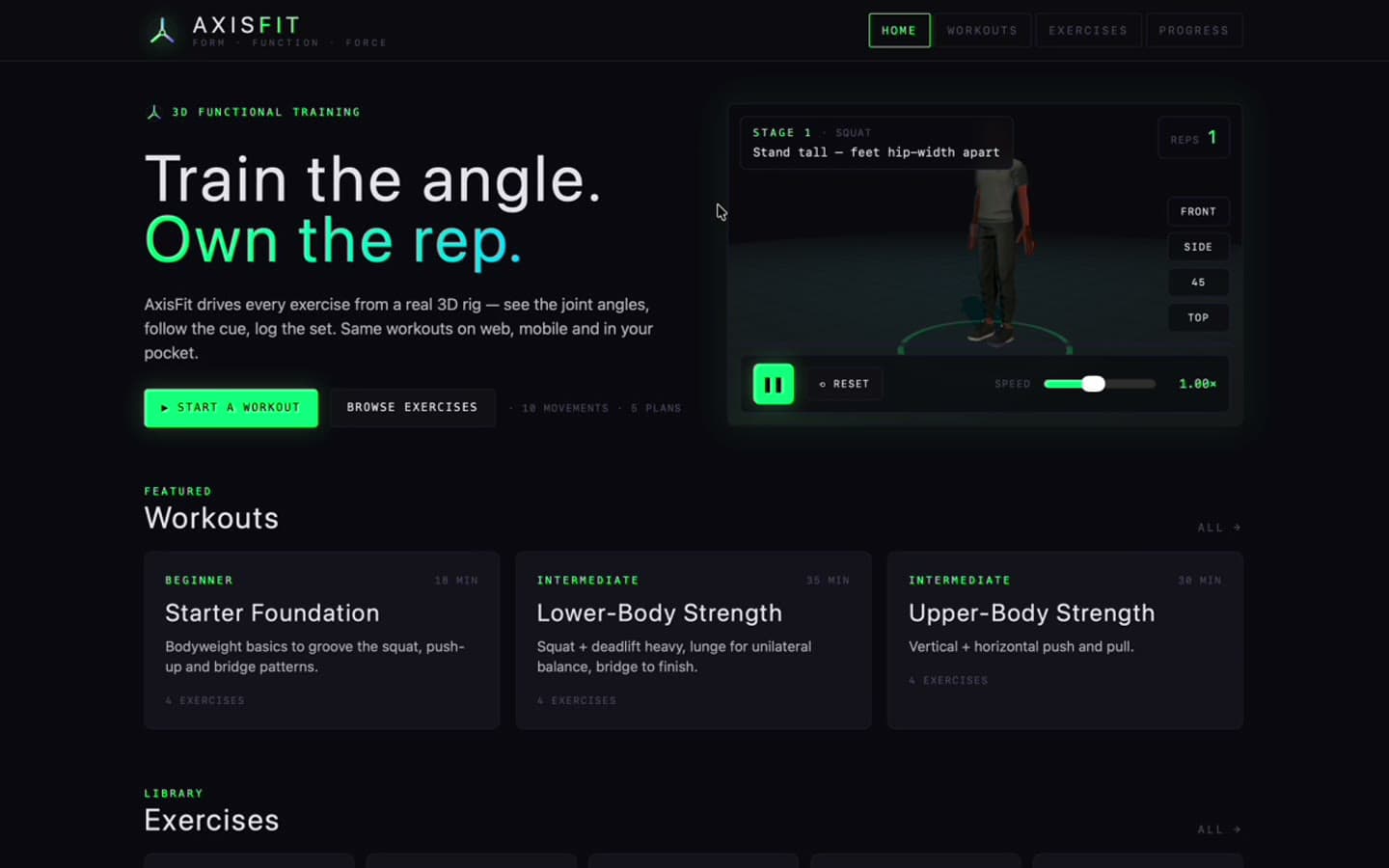 AxisFit landing · Train the angle. Own the rep.