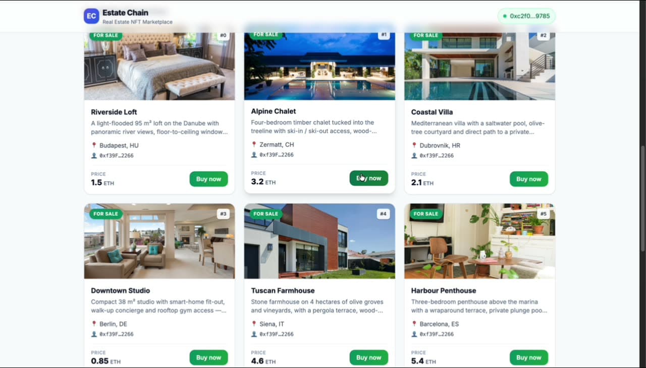 Estate Chain marketplace · 6-up grid of properties (Riverside Loft, Alpine Chalet, Coastal Villa, Downtown Studio, Tuscan Farmhouse, Harbour Penthouse) priced in ETH