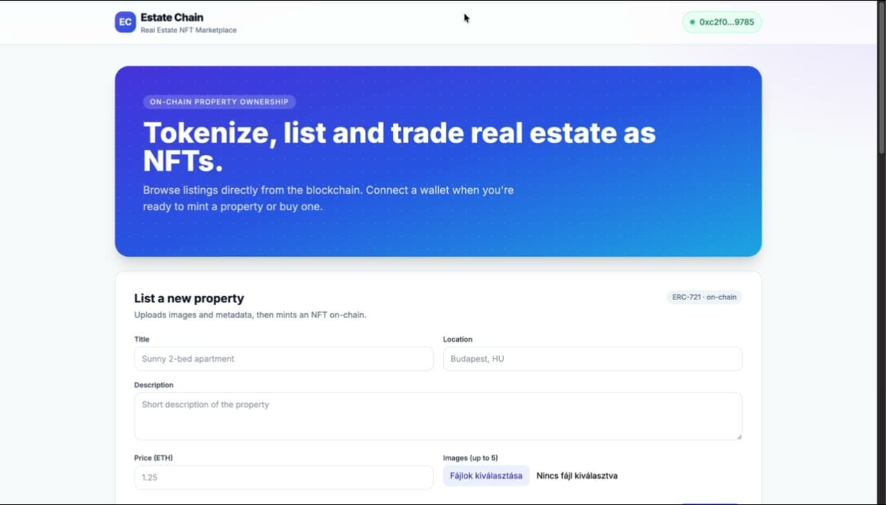 Hero 'Tokenize, list and trade real estate as NFTs' over a List a new property form