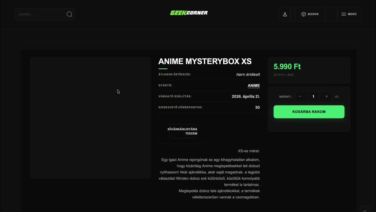 Anime Mysterybox XS product detail page with price, rating, ETA, loyalty points