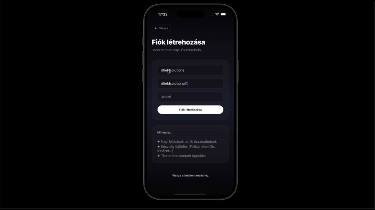 Signup screen on iPhone · 'Fiók létrehozása' with username, email, password + 'What you get' card