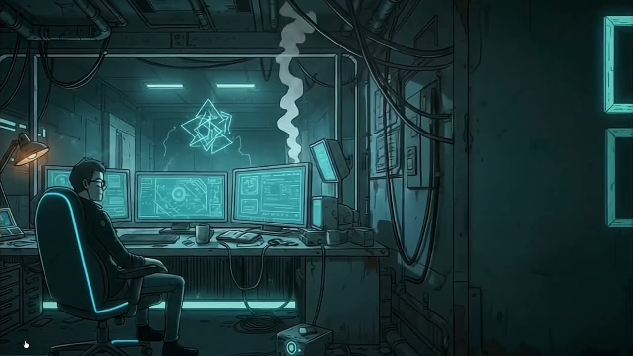 Lab control room · character at a workstation with three monitors and a glowing geometric AI symbol