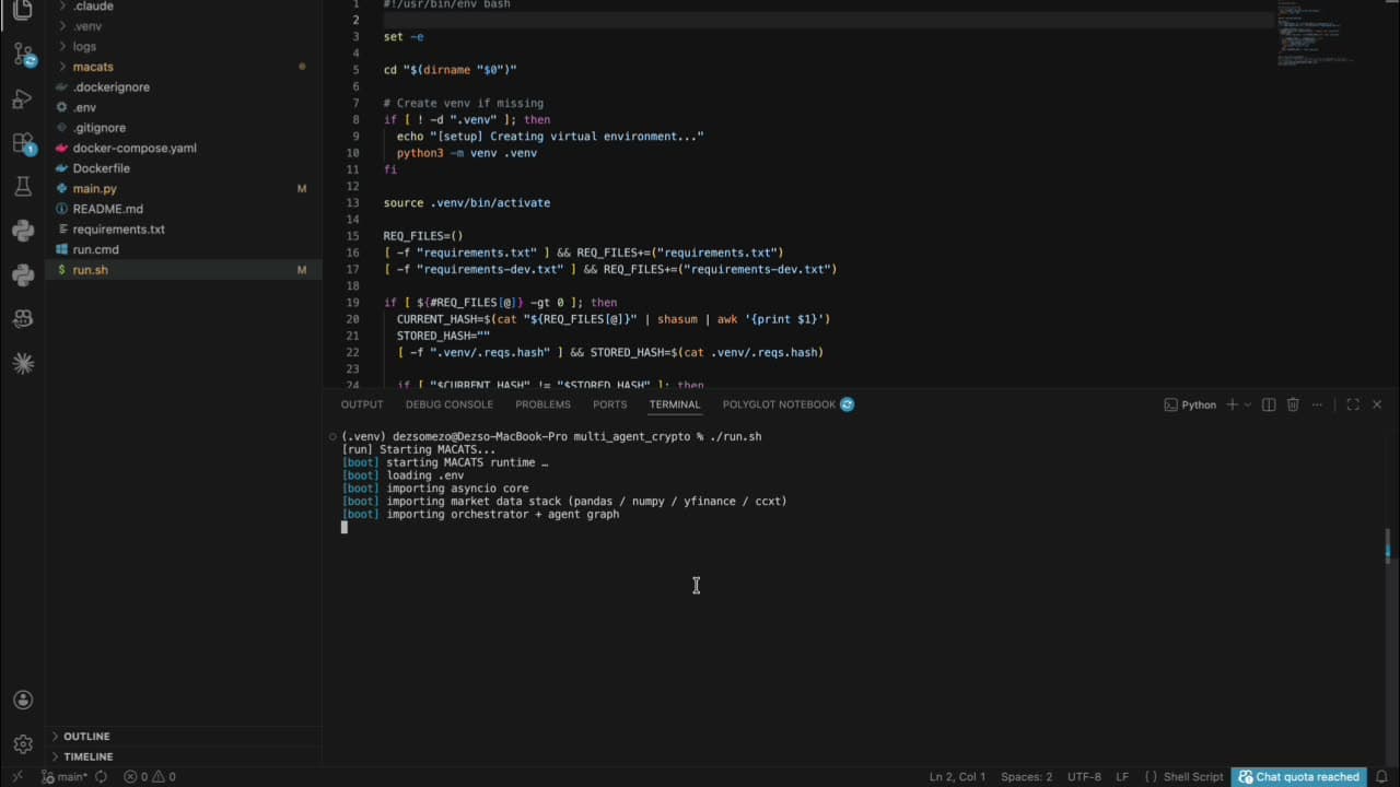 VS Code with run.sh shell script + terminal showing 'starting MACATS runtime' boot
