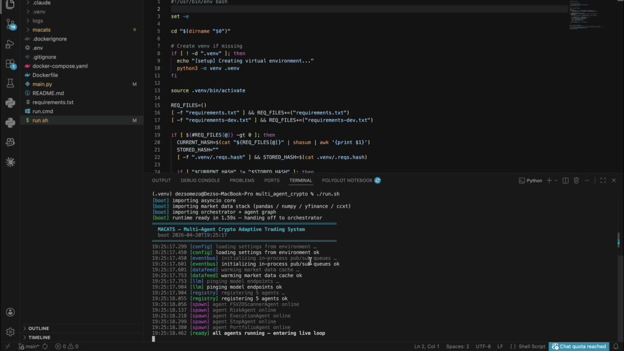 Terminal showing MACATS boot · loading config, eventbus, datafeed, registering 5 agents online
