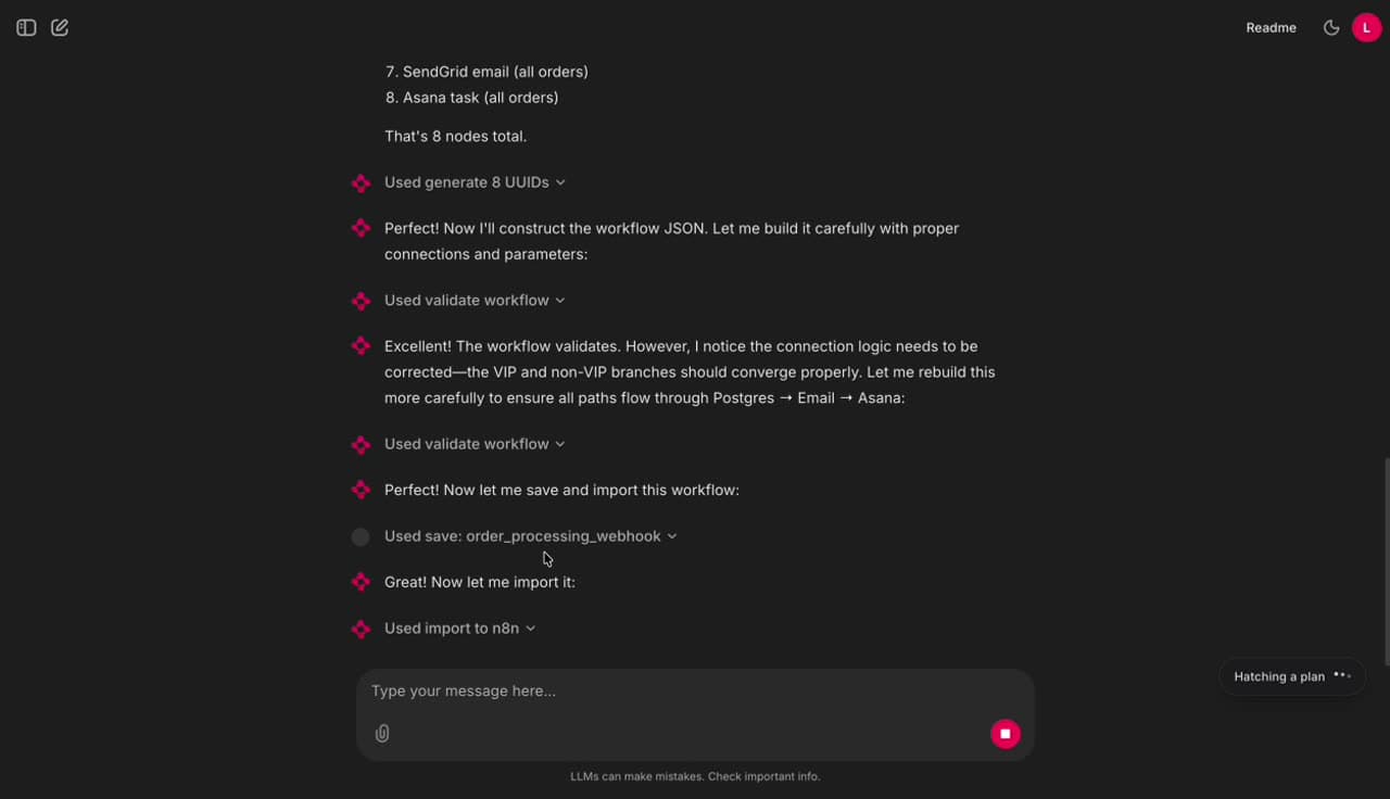 Second workflow · order processing webhook with VIP / non-VIP branches converging through Postgres → Email → Asana