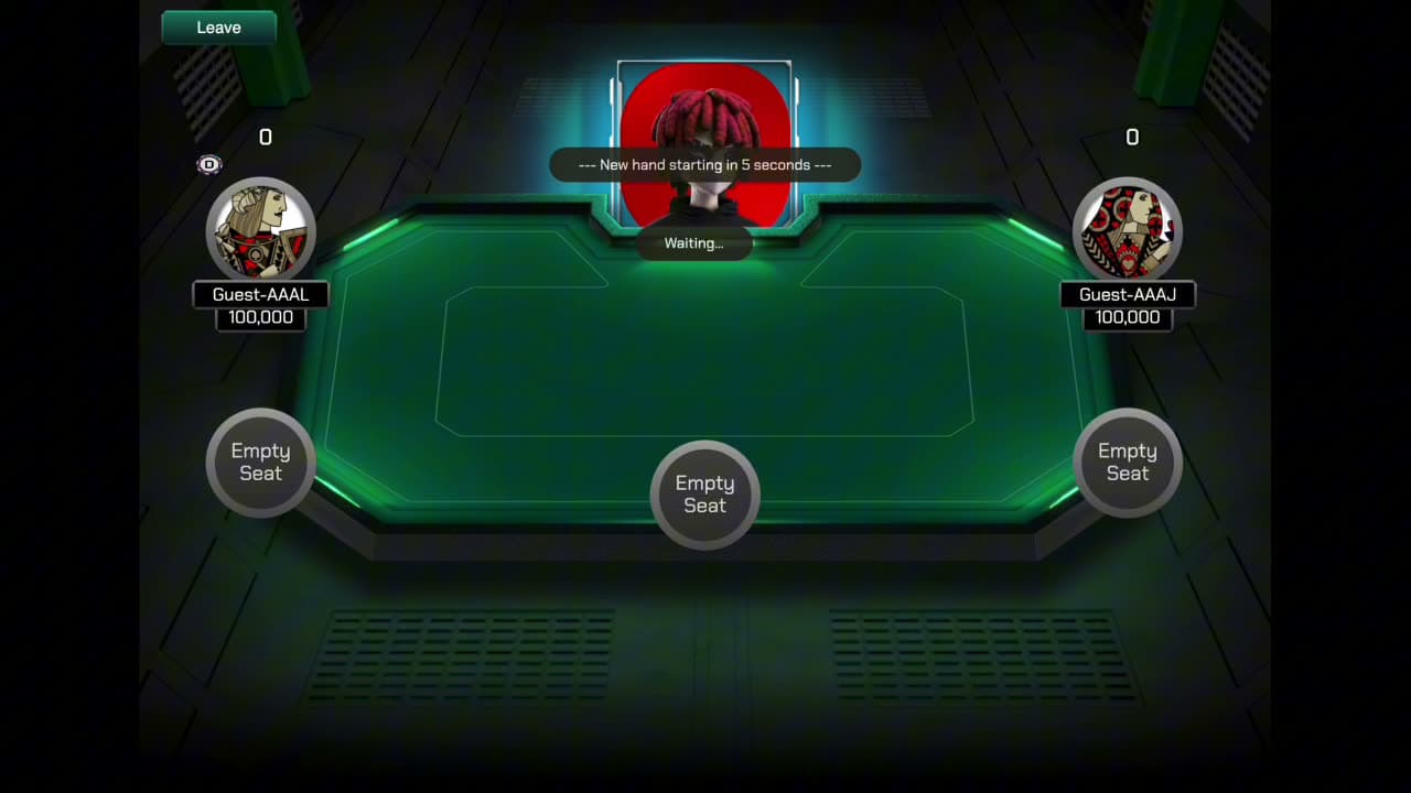 Poker table with two seated guests (100,000 chips each), 'New hand starting in 5 seconds' countdown