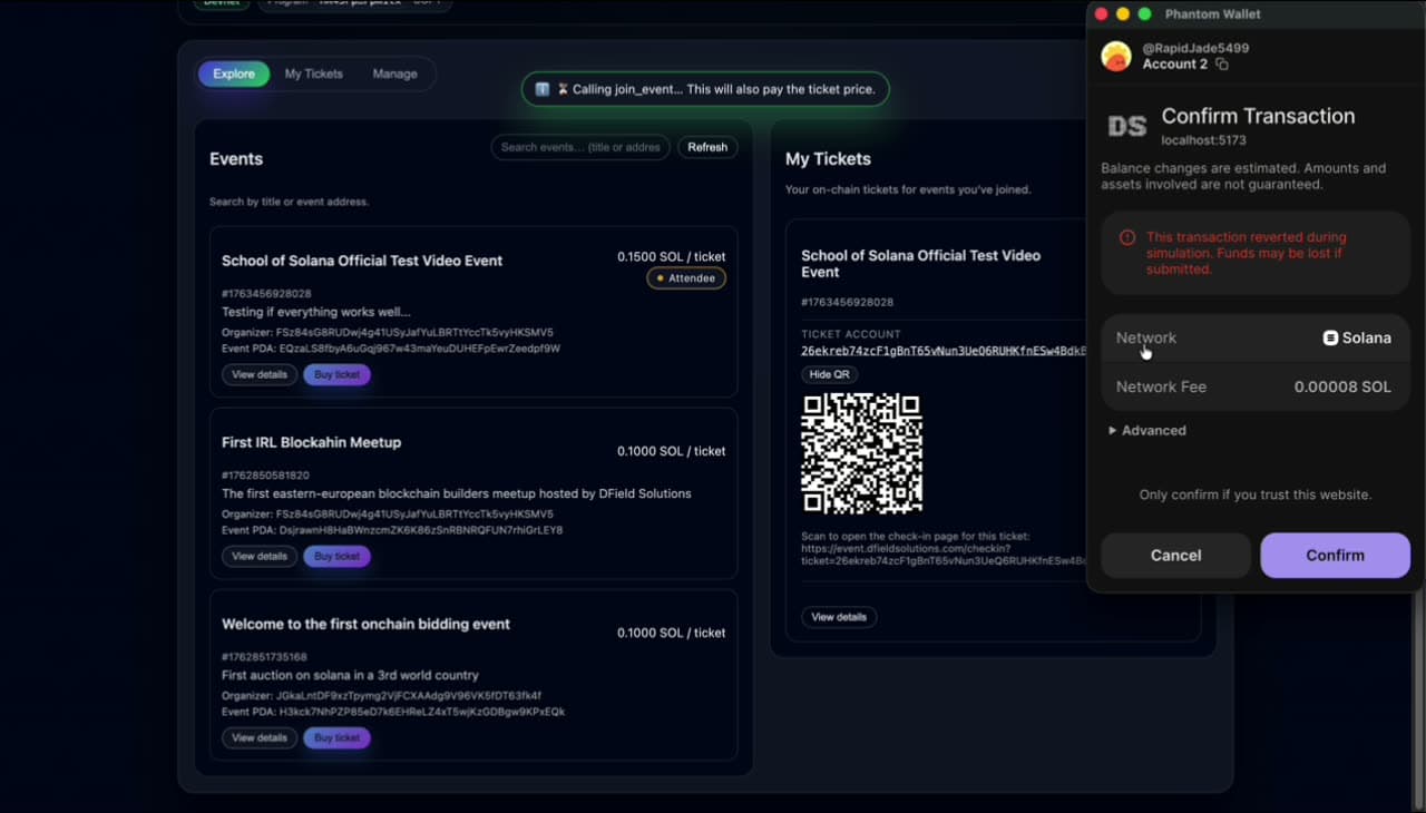 Phantom Wallet · 'Confirm Transaction' modal with QR code visible behind, Network Solana, Network Fee 0.00008 SOL