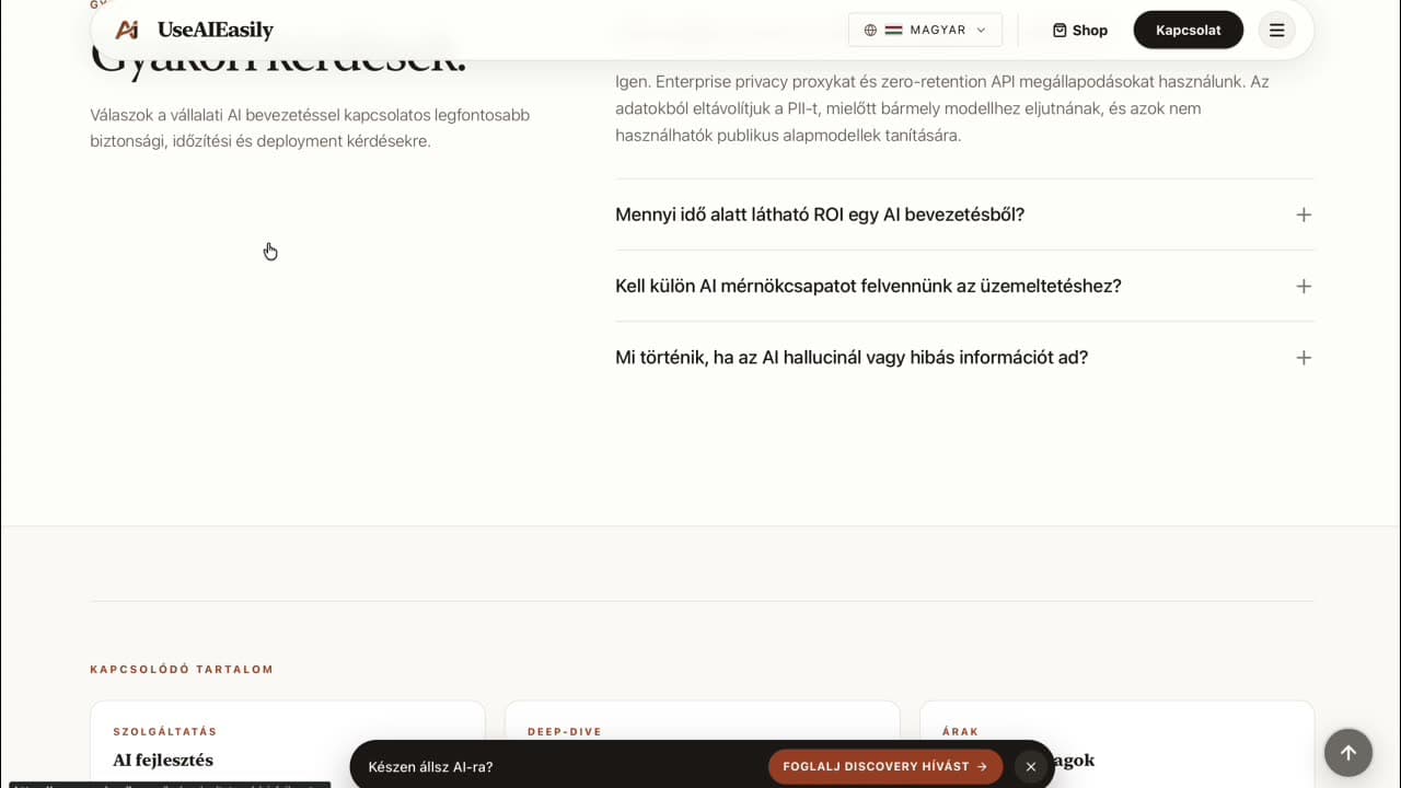 FAQ section with collapsible questions about AI deployment